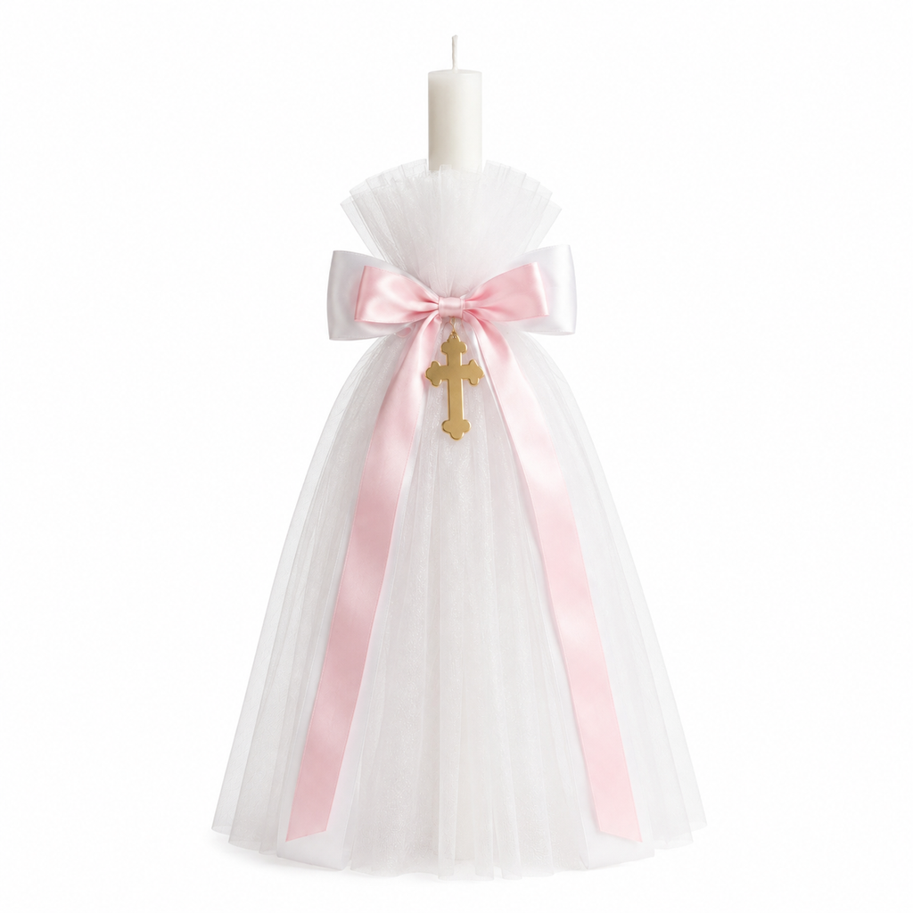 Classic Orthodox Candle with Tulle Pink