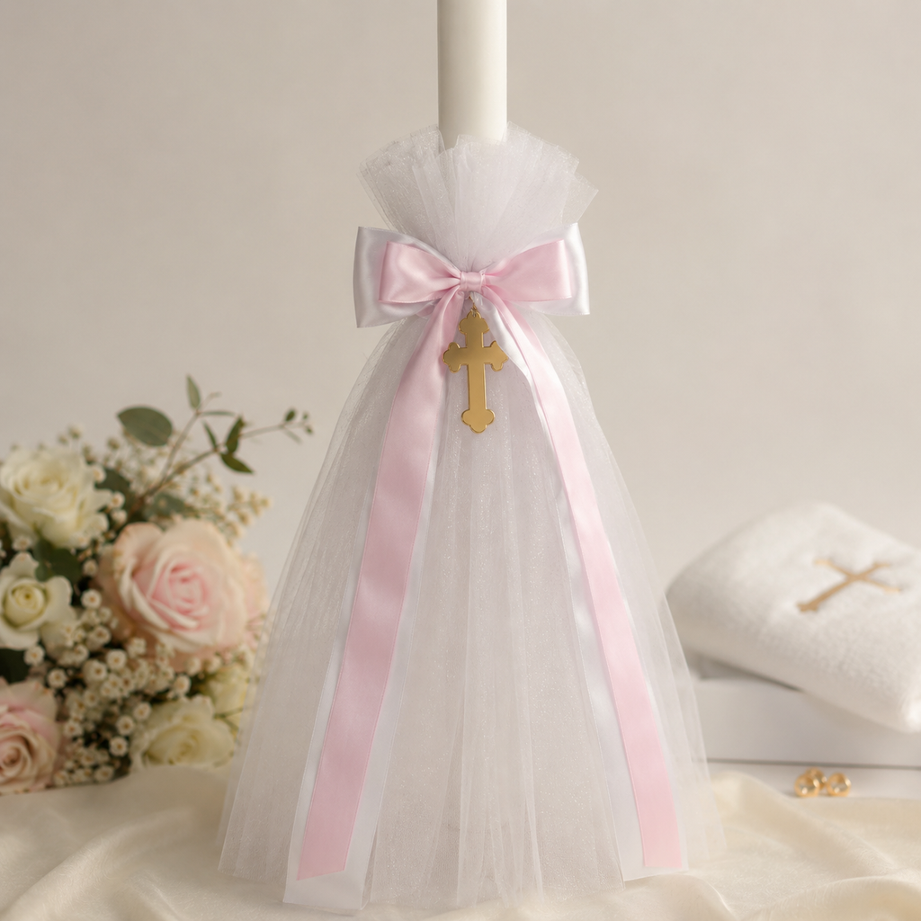 Classic Orthodox Candle with Tulle Pink