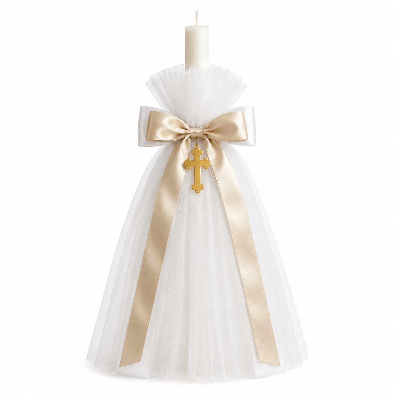 Classic Orthodox Candle with Tulle Champagne